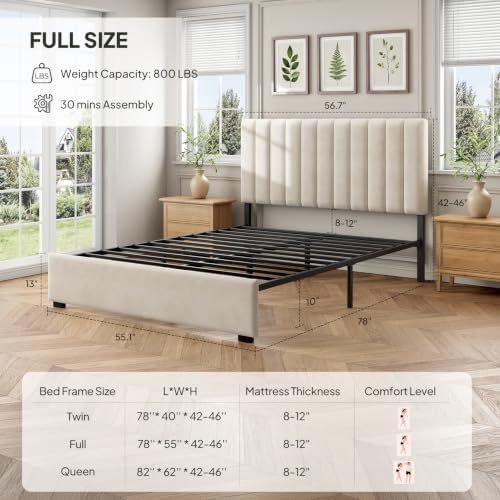 Welzona Full Upholstered Bed Frame with Headboard, Velvet Upholstered Metal Platform Bed with Vertical Channel Tufted Headboard, 3-Level Height, Metal Slat Support, Noise-Free Easy Assembly, White