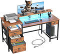 Furologee 60" Computer Desk with 4 Drawers, Power Outlet, LED, Rustic Brown