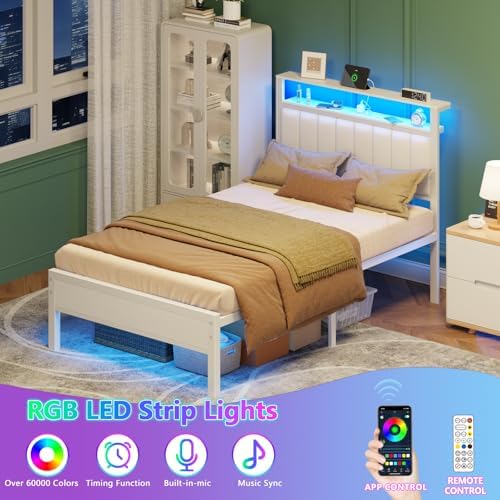 Furnulem White Twin Bed Frames with PU Upholstered Headboard & LED Lights