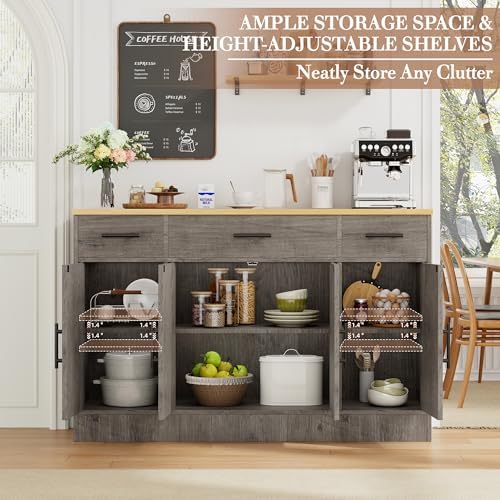 Shintenchi Buffet Cabinet with Storage,53.4" Large Kitchen Storage Cabinet with 3 Drawers and 4 Doors,Wood Farmhouse Buffet Sideboard with Adjustable Shelf for Kitchen Living Room, Gray