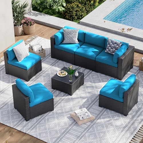 Aoxun 7 Piece Patio Furniture Set, Wicker Rattan Patio Sectional Sofa, Outdoor Furniture Set with Thickened Cushion, Peacock Blue