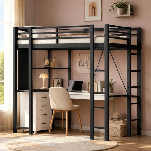 Nuturelly Full Size Loft Bed with Desk, 13" Guardrails, Noise-Free, Black