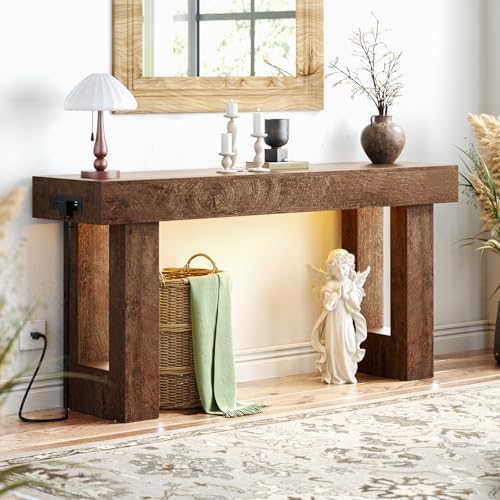 Unikito 63" Console Table with Sensor Light and Oulets, Rustic Oak
