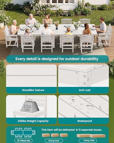 SERWALL HDPE Outdoor Dining Furniture, Outdoor Dining Set for 10, White