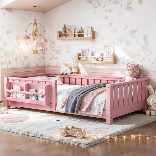 Bellemave Twin Floor Bed with Rails and Slats, Twin Size Montessori Floor Bed with Bookshelf and Fence, Easy Assemble Montessori Beds Frame for Girls, Boys, Pink