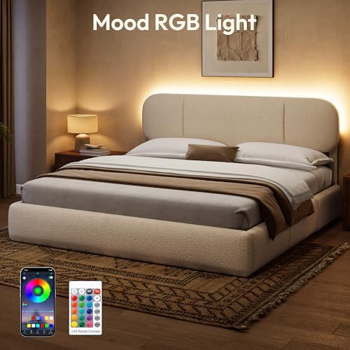 King Size Cloud Bed Frame with LED & 4 Drawers, Beige