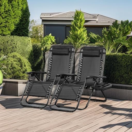 Nazhura Set of 2 Relaxing Recliners Patio Chairs Adjustable Steel Mesh Zero Gravity Lounge Chair Beach Chairs with Pillow and Cup Holder Black