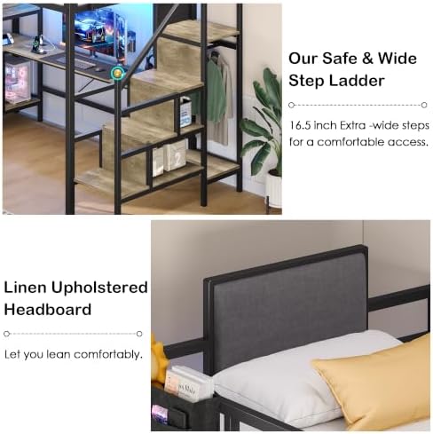 Dnxao Twin Loft Bed with L-Shaped Desk and 6 Storage Drawers, Oak Gray