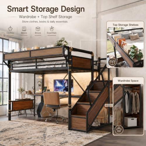 KEIKI Twin XL Size Metal Loft Bed Frame with Storage Staircase, Desk, Black
