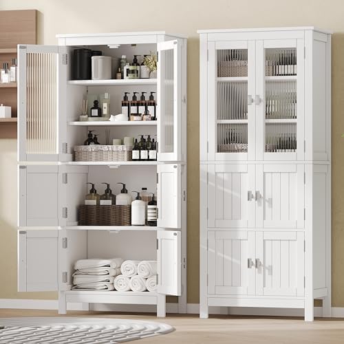 Akxomel 53.1" Tall Bathroom Cabinet 6 Doors Linen Floor Storage Cabinet | Bathroom Floor Cabinet with Adjustable Shelf, Pantry Cabinet for Living Room, Kitchen, Entryway, White
