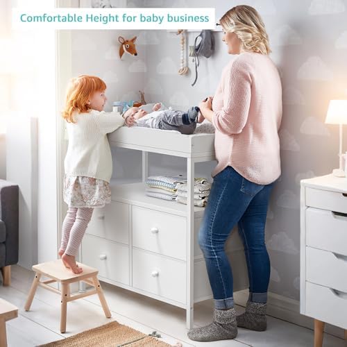 BOLUO Changing Table Dresser with 4 Fabric Drawers and Open Shelf, Baby Dresser with Changing Table Top Diaper Changing Station with Storage for Nursery Modern (White)