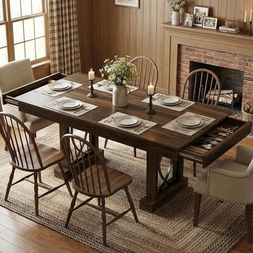 IDEALHOUSE Wooden Dining Table for 6-8 People with 2 Large Drawers, 71 in Long Farmhouse Rectangular Kitchen Dining Table & Thick Table Top, Sturdy Frame, for Big Family, Dinette, Office, Walunt