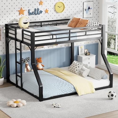 PVWIIK Queen Over King Bunk Bed with Guardrails,Black