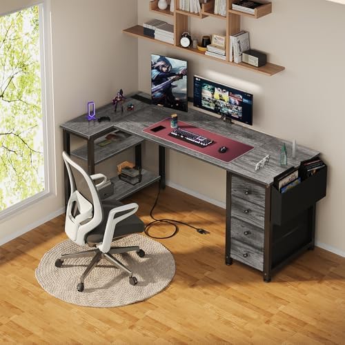 Lufeiya L Shaped Gaming Desk with Drawers & Storage Shelves, 55 Inch Corner Computer Desk with Power Outlet for Home Office Bedroom, L-Shaped Teen PC Desks with Fabric Drawer, Gray