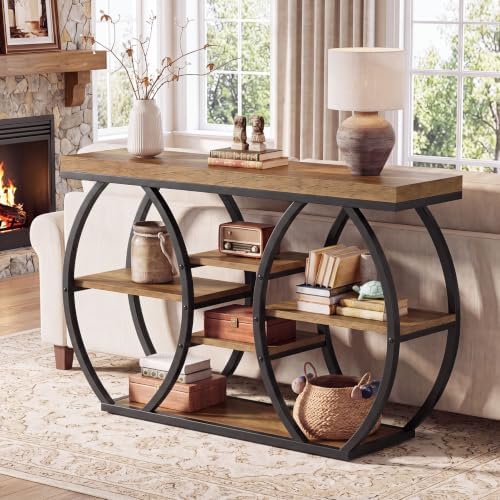 Tribesigns 47-Inch Farmhouse Console Table for Entryway, 4-Tier Narrow Industrial Sofa Table with Artistic Curved Metal Frame for Living Room, Hallway, Foyer, Behind Couch, Rustic Brown