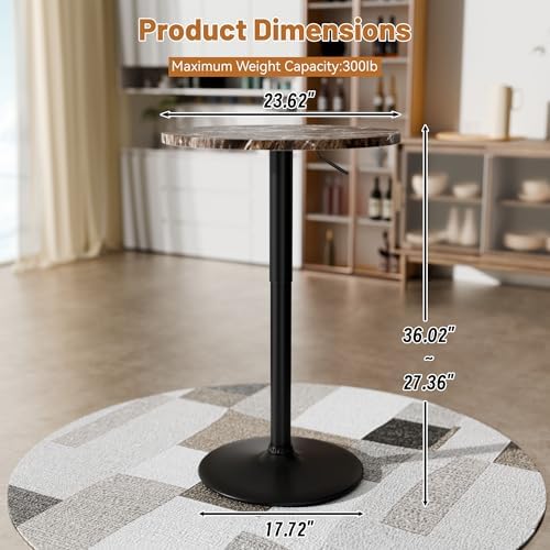 Flamaker Round Bistro Pub Table 23.6 Inch Height Adjustable 360° Swivel Bar Table Metal Base for Pub, Dining Room, Party (2, Marble-Black)