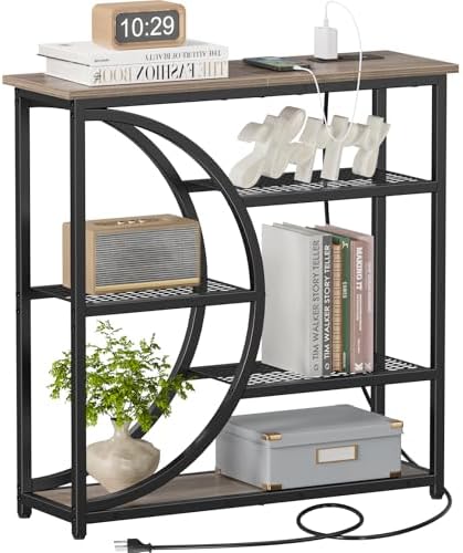 Snughome Entryway Table, Console Table with Charging Station, Industrial Narrow Sofa Table with 5 Tier Storage Shelves, Entrance Table for Hallway, Living Room, Foyer, Grey