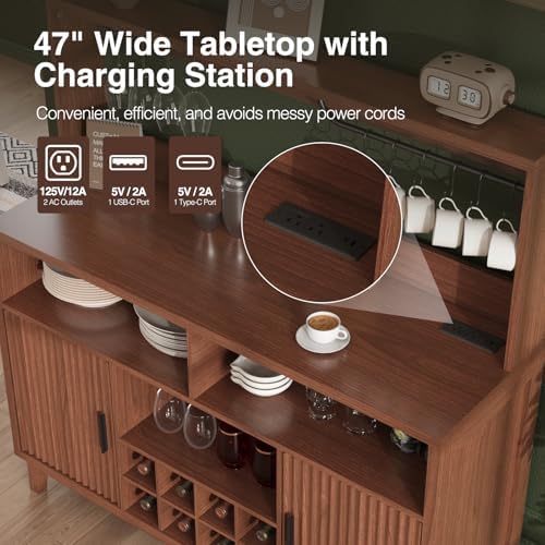 Vabches Fluted Coffee Bar Cabinet with Charging Station, 47.2" W Home Bar