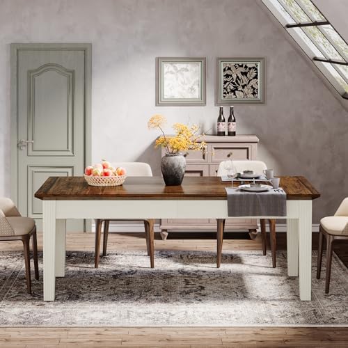 Tribesigns Dining Table for 4-6 People, 63-Inch Rectangular Kitchen Table with Solid Wood Legs, Farmhouse Dinner Table for Dining Room, Kitchen, Rustic Brown & Cream White
