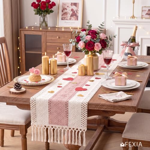 FEXIA Boho Table Runner with Tassels for Home Decor 12x72 Inches Pink