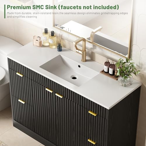 CARPETNAL 48 Inch Bathroom Vanity with Sink, Black. | Modern Fluted Bathroom Vanity with Sink with Storage Cabinet, Adjustable Shelf and 2 Soft Closing Doors & 4 Drawers.