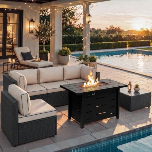 Shintenchi 6 Piece Outdoor Patio Furniture Set with 43 Inch Propane Fire Pit, Washable Cushions, Glass Coffee Table, Waterproof Cover & CSA Certified for Backyard Poolside, Black PE Rattan/Khaki
