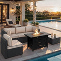 Shintenchi 6 Piece Outdoor Patio Furniture Set with 43 Inch Propane Fire Pit, Washable Cushions, Glass Coffee Table, Waterproof Cover & CSA Certified for Backyard Poolside, Black PE Rattan/Khaki