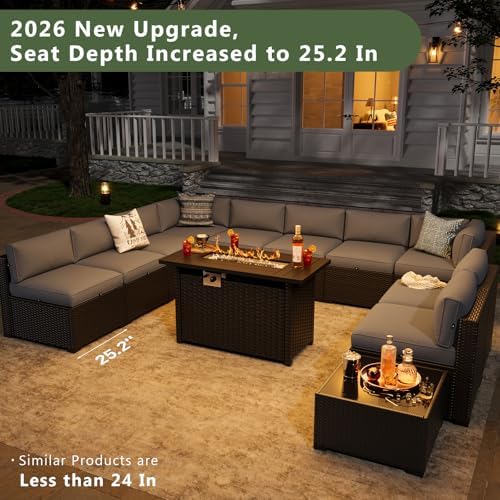 Aoxun 15 Piece Patio Furniture Set with 44” Fire Pit Table Rattan Patio Sectional Sofa Set Outdoor Seating Furniture with Thickened Cushion, Grey