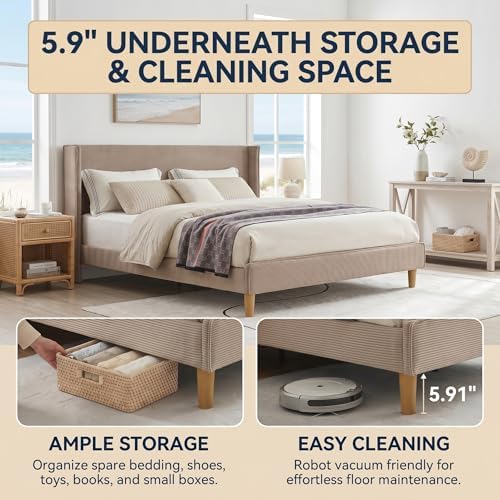 King Corduroy Upholstered Platform Bed with Headboard Wingback, Mink