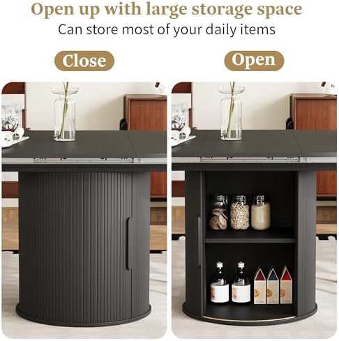 weselon 43"-59" Extendable Round to Oval Dining Table with Hidden Storage, Modern Wooden Kitchen Table with Fluted Sliding Door Cabinet, Expandable Dinner Table for Dining Room Living Room (Black)