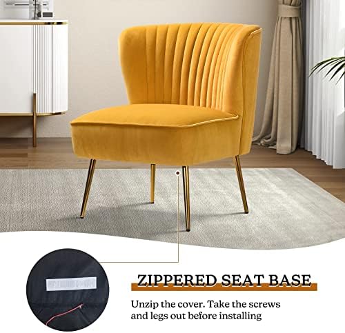 HULALA HOME Velvet Accent Chair, Modern Upholstered Cute Side Chair with Gold Metal Legs, Armless Wingback Slipper Chair Comfy Living Room Chair for Bedroom Guest Room Vanity,Mustard