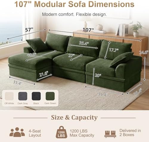 Upgraded Boneless Couch with Storage, Sectional Couches for Living Room, L-Shaped Modular Cloud Corduroy Sofa with Ottoman & Pillows, Oversized Deep Seat Memory Foam Couch, No Assembly,107" L(Green)