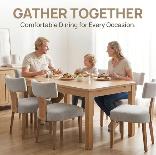 HNY Set of 4 Mid Century Modern Dining Chairs, Farmhouse Linen Fabric Upholstered Accent Chair Curved Backrest Kitchen Chairs, with Hardwood Frame, Grey