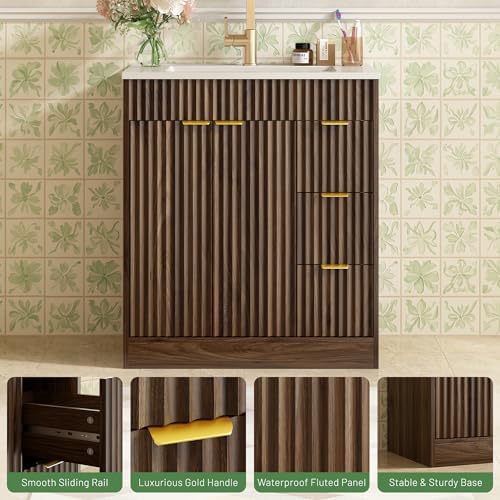 CARPETNAL 30 Inch Bathroom Vanity with Sink, Walnut. | Modern Fluted Bathroom Vanity with Sink with Storage Cabinet, Adjustable Shelf and 2 Soft Closing Doors & 3 Drawers.