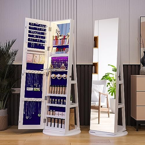 360° Swivel Jewelry Cabinet Organizer with Lights, Full Length Mirror with Jewelry Storage, Lockable Standing Jewelry Armoire Organizer, Mirror Jewelry Cabinet with Inside Makeup Mirror (White)