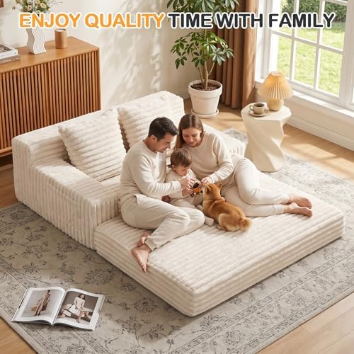 Erament Boneless Loveseat Convertible Sofa Bed, Folding Floor Futon Sleeper Sofa Couch Bed- Boneless Foldable Couch, Corduroy Pull Out Sofa Bed with 2 Pillows for Living Room & Bedroom
