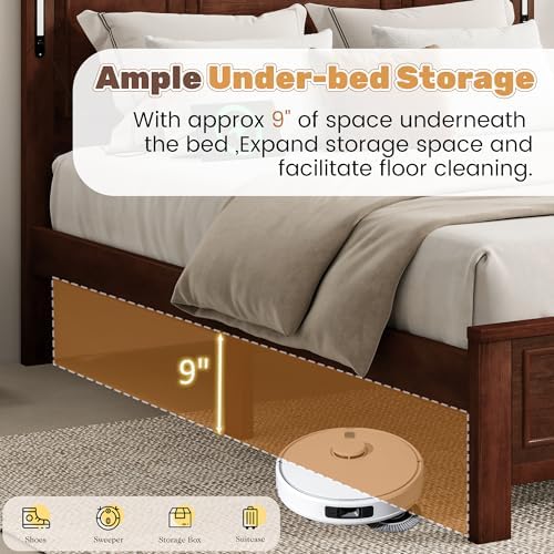 Queen Bed Frame with Tall Headboard & Footboard, Farmhouse Solid Wood Platform Bed Frames Queen Size with LED Lights & USB Charging Station,No Box Spring Needed, Walnut