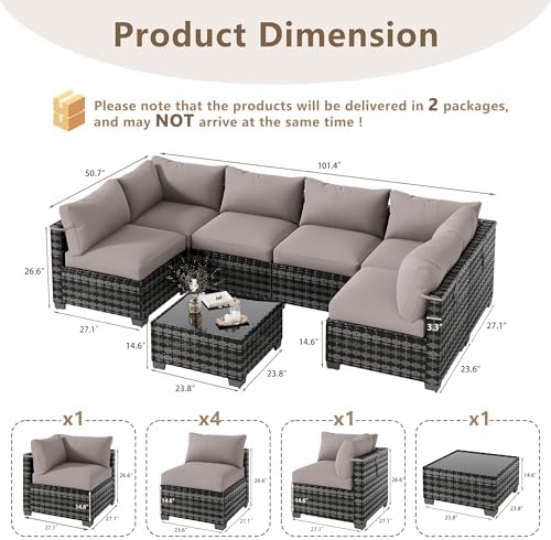 LOUVIXA 7 Piece Outdoor Patio Furniture Set, Outdoor Sectional Sofa, Wicker Rattan Patio Furniture, Patio Conversation Set with Coffee Table & Cushions