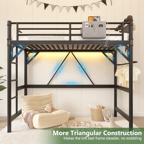 Twin Size Loft Bed with LED Lights and Charging Station, Industrial Heavy Duty Metal Loft Bed Frame with Ladder and Guardrail for Kids Adults, Small Space Saving Design for Bedroom Dorm, Black