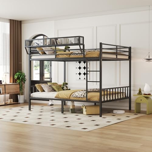 Queen Over Queen Metal Bunk Bed with Storage Shelf & USB Charging