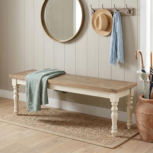 Roundhill Furniture Prato 6-Piece Dining Set, Dining Table with 4 Cross Back Chairs and Bench, Antique White and Distressed Oak Finish