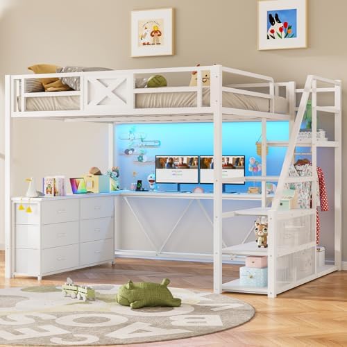 Itaar Full Size Loft Bed with Desk and Storage Stairs, Metal Loft Bed with 6 Storage Drawers, Hall Tree, LED Lights and Power Outlet, for Kids, Teens, Adults, (White, Full)