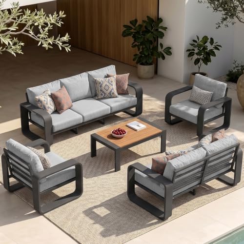 Oversized Aluminum Outdoor Furniture Set, Extra Large Patio Furniture Sofa Set 4.8” Widened Armrest & Ultra-Thick Cushions, 5 Pcs Modern Patio Sectional for Backyard, Porch, Gray
