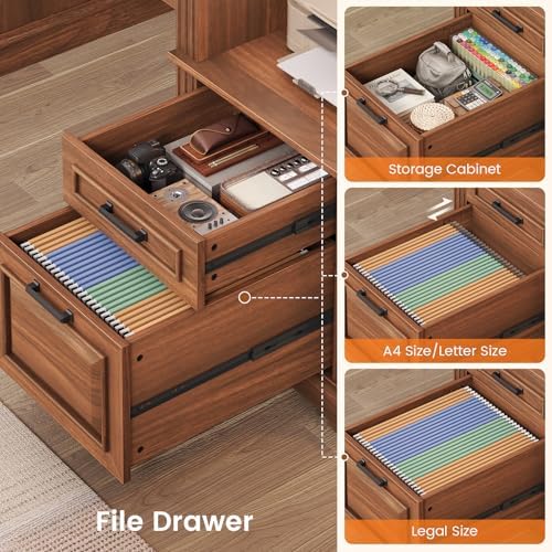 SEDETA Farmhouse Executive Desk, 62'' Home Office Desk with File Drawers, 3Drawer and Storage Cabinet, Computer Desk with Power Outlet for Home Office, Work Study Writing, Walnut