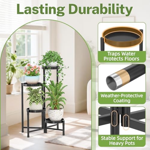 iDavosic.ly Plant Stand Indoor Outdoor, 4 Tier Metal Corner Shelf, Black