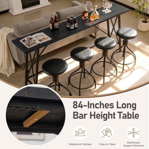 Karl home 83.8" Bar Table and Chairs Set, 4 Adjustable PU Stools, Black