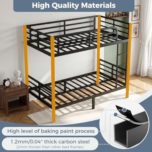 Bunk Bed Twin Over Twin, Heavy Duty Metal Twin Bunk Beds for Teens and Adults, Noise-Free Design Bunkbeds with Ladder, Guardrail for Bedroom, Dorms and Apartment, No Box Spring Required, Black