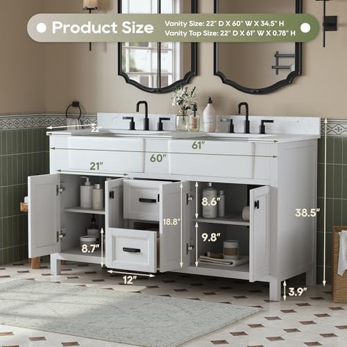 60 Inch Bathroom Vanity with Double Sink, White | Farmhouse Solid Wood Double Sink Bathroom Vanity with Soft Close Doors & Drawers, Apron Farm Sink, 0.78" Stone Top