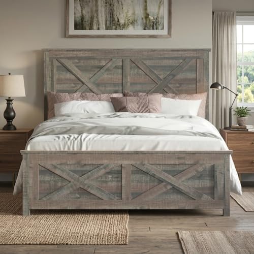 HOME DESIGN Derby Full Rustic Wood Panel Bed Frame, Brown