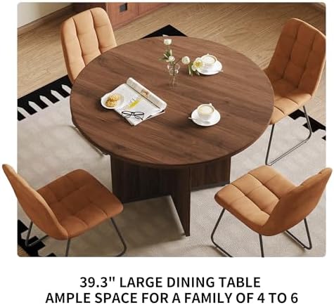 HIPIHOM Modern Round Dining Table Set for 2, 39.4" Walnut Kitchen Table with 2 PU Leather Chairs, 3-Piece Mid-Century Dining Room Set for Small Spaces, Pedestal Base & Ergonomic Padded Chairs